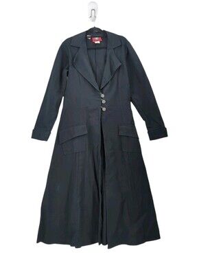 Red Balls On Fire Denim Trench Maxi Coat Black Goth Vampire punk Vtg S